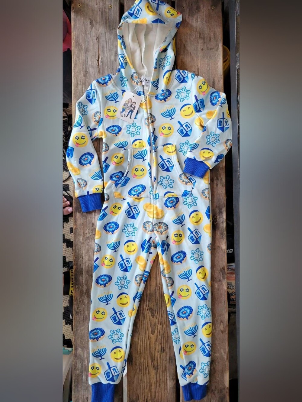 LOLA + THE BOYS SZ 4 NWT Blue and Yellow Hanukkah Emoji One-Piece Zipper Romper